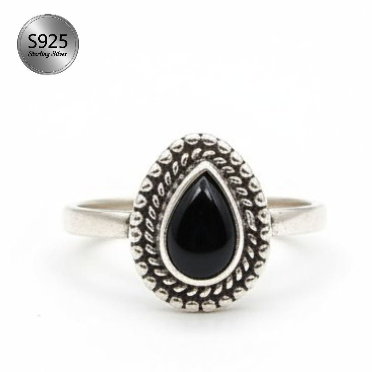 Women's Natural 925 Sterling Silver Pear Shape Gemstone Vintage Boho Teardrop Ring